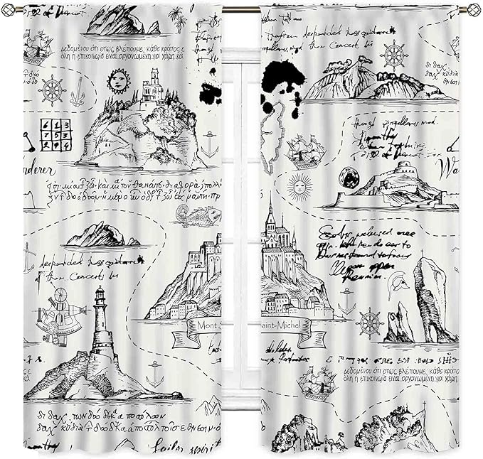 Vintage Nautical Curtains, Marine Coastal Sailboat Compass Anchor Ocean Beach Old Pirate Map Retro Window Drapery Treatments for Bedroom Living Room Kitchen Bathroom 2 Panels, 84"x63" Inch