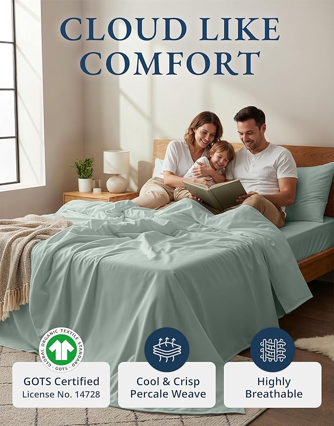 LANE LINEN 100% Organic Cotton Full Sheets Set, Soft & Comfy Percale Weave Fully Elasticized Reinforced Seams Sustainably Produced Oeko Tex Certified Deep Pocket Cotton Full Size Sheet - Cool Blue
