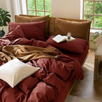 MooMee Bedding Duvet Cover Set 100% Washed Cotton Linen Like Textured Breathable Durable Soft Comfy (Solid Fired Brick Red, Oversized Queen 98"x98")