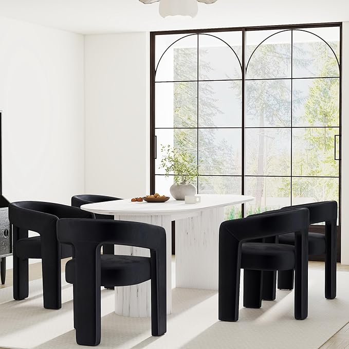 Modern Barrel Dining Chairs Set of 5, Velvet Upholstered Accent Side Chair with Arms Comfy Makeup Vanity Chairs, Dining Living Room Kitchen Chairs, Black