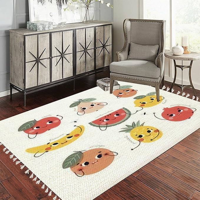 Boho Nursery Rug Cute Funny Fruits Characters Pear Banana Scandinavian Chic Area Rug Washable Rug Mat Minimalist Home Decor for Living Room Bedroom Playroom Classroom