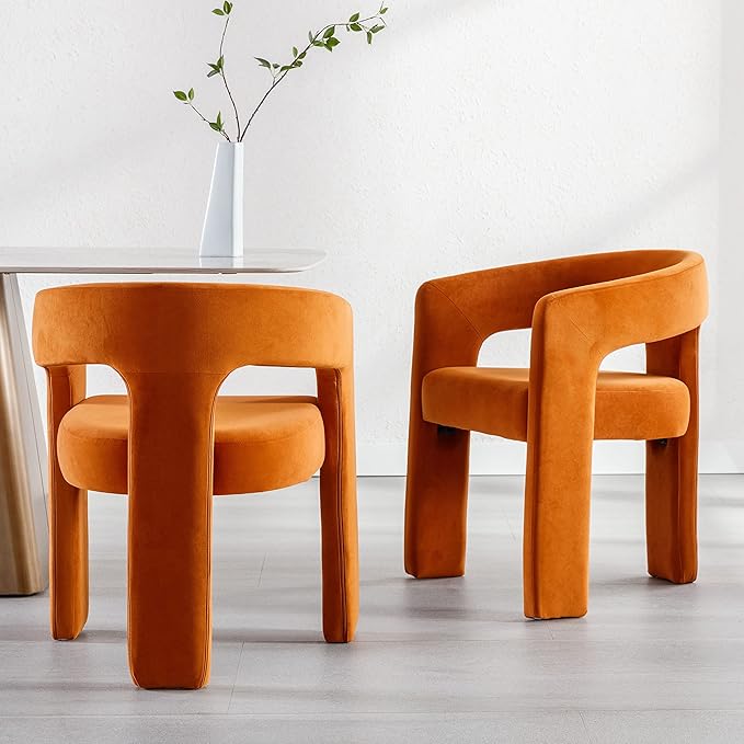 Modern Barrel Dining Chair, Velvet Upholstered Accent Side Chair with Arms Comfy Makeup Vanity Chair, Dining Living Room Kitchen Chair, Orange