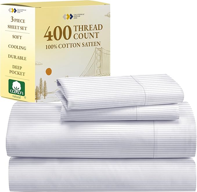 California Design Den Printed Twin XL Sheet Sets - 400 Thread Count Sateen, Natural 100% Cotton Sheets Set, Deep Pockets, Cooling and Durable Bedding Set - Pinstriped