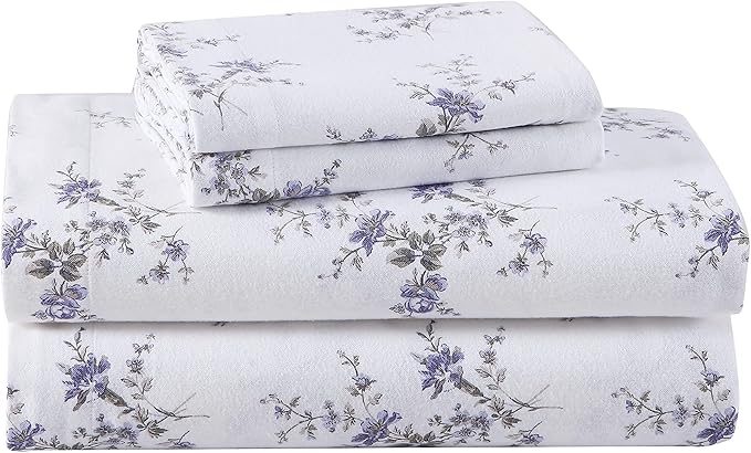 Laura Ashley - Flannel Sheets Full Size, Anti-Pilling & Wrinkle Resistant Cotton, Touchably Soft for All-Season Comfort - Bed Sheets with Matching Pillowcases & Fitted Sheet (Jessika Lavender)
