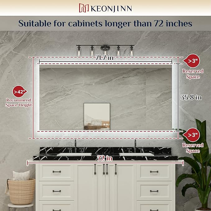 Keonjinn LED Mirror for Bathroom 72 x 36 Inch, Backlit Mirror Bathroom Oversize, Stepless Dimmable Wall Mirrors with Anti-Fog, CRI90+ HD Tempered Glass, Horizontal/Vertical Mounting for Vanity