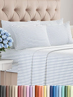 Full 6 Piece Sheet Set - Comfy Breathable & Cooling - Soft Hotel Luxury Bedding Set with 8-16 Inch Deep Pockets - 1 Flat & 1 Fitted Sheet & 4 Pillowcases - Wrinkle Free & Easy Care - Blue Stripes 2