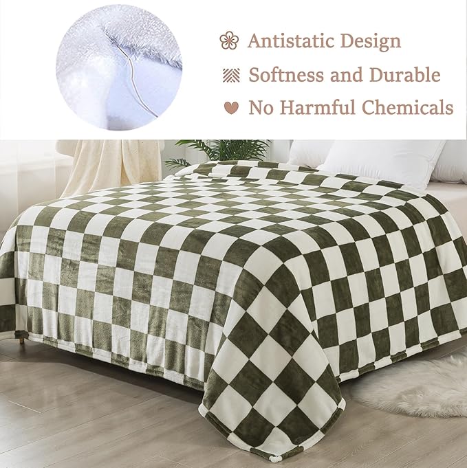 Checkered Queen Size Blanket,90x90 Inches Sage Green Microfiber Soft Cozy Fluffy Warm Hand Made Queen Throw Blankets for Queen Full Bed,Couch, Sofa, Chair, Camping, Picnic,Sage Green