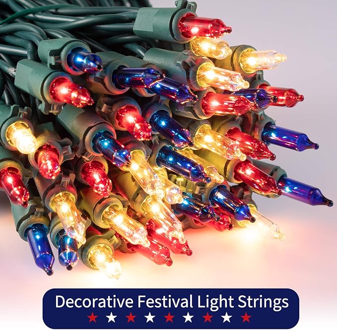 4th of July Decoration Patriotic Mini String Lights - 200 Count 50 Feet Red White Blue Christmas Lights Green Wire Waterproof for Indoor Outdoor Xmas Holiday Party Patio Independence Day Decoration
