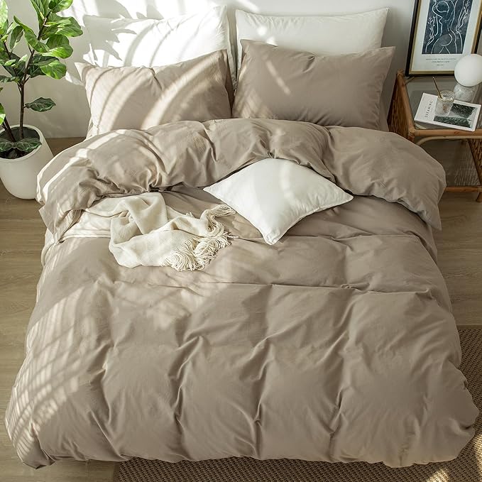 MooMee Bedding Duvet Cover Set 100% Washed Cotton Linen Like Textured Breathable Durable Soft Comfy (Solid Light Camel, Super King 108"x98")