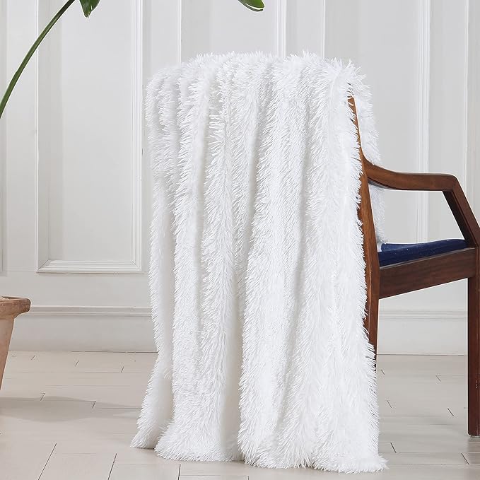 Tuddrom Decorative Extra Soft Faux Fur Blanket Twin Size 70" x 78",Solid Reversible Fuzzy Long Hair Shaggy Blanket,Fluffy Plush Fleece Comfy Microfiber Throw Blanket for Couch Sofa Bed,Pure White