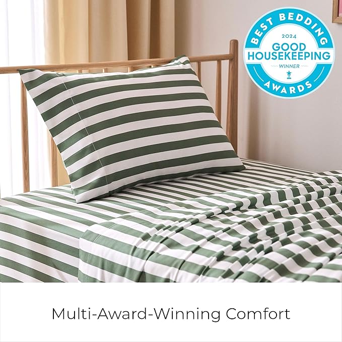 Mellanni Twin XL Sheets Set - 3 PC Iconic Collection Bedding - Hotel Luxury, Extra Soft, Cooling Bed Sheets - Wrinkle, Fade, Stain Resistant (Twin Extra Long, Oxford Stripe Sage)