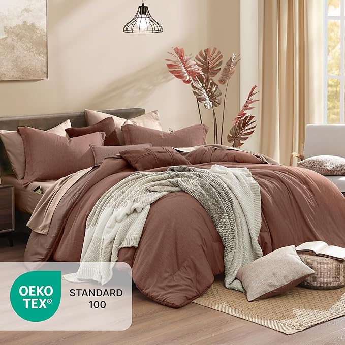 Monbix California King Comforter Set - 7 Pieces Cationic Dyeing Terracotta Bed in a Bag Cal King Bed Sets with Comforter, Sheets, Pillowcases & Shams, Reversible Bedding Comforters Sets (108 * 92)