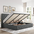 Allewie King Size Lift Up Storage Bed, Button Tufted Headboard with Wingback, Hydraulic Support, No Box Spring Needed, Dark Grey