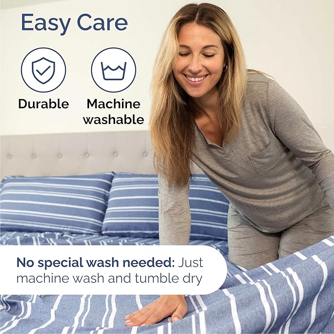 Queen 6 Piece Sheet Set - Comfy Breathable & Cooling - Soft Hotel Luxury Bedding Set with 8-16 Inch Deep Pockets - 1 Flat & 1 Fitted Sheet & 4 Pillowcases - Wrinkle Free & Easy Care - Blue Stripes 3