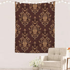 Batmerry Brown Damask Floral Tapestry, Vintage Golden Brown Damask Pattern Wall Art Hanging Decoration Polyester Fiber White Ruffled Around for Dorm Room Bedroom Living Room, 82.7x59.1 inches