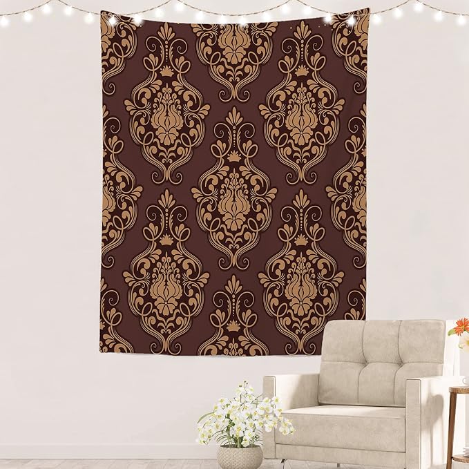 Batmerry Brown Damask Floral Tapestry,Vintage Golden Brown Damask Pattern Wall Art Hanging Decoration Polyester Fiber White Ruffled Around for Dorm Room Bedroom Living Room, 59.1x51.2 inches