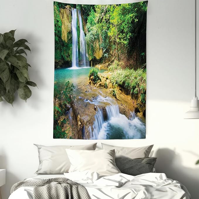 Lunarable Nature Tapestry King Size, Green Forest Waterfall and River Pool Pond Water Source Earth Landscape, Wall Hanging Bedspread Bed Cover Wall Decor, 88" X 88", Pale Brown and Green