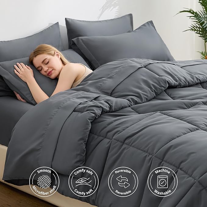 Love's cabin King Size Comforter Set Soot Grey, 7 Pieces King Bed in a Bag, All Season Bedding Sets with 1 Comforter, 1 Flat Sheet, 1 Fitted Sheet, 2 Pillowcase and 2 Pillow Sham