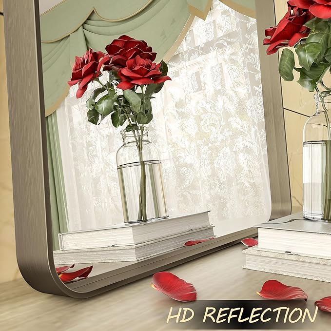 26x36 Inch Bronze Framed Mirror, Brushed Bronze Metal Bathroom Vanity Mirror for Wall, Modern Rectangle Mirror, Rounded Corner, Anti-Rust (Horizontal/Vertical)