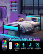 Twin Bed Frame with Headboard and Footboard, Metal Bed Frame with Charging Station and LED Lights, Under Bed Storage, No Box Spring Needed,Noise Free, Black