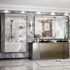 Hasipu Black Bathroom Wall-Mounted Mirror 59x39 Inch Rounded Rectangle Vanity Mirror Metal Framed Wall Mirrors Anti-Rust Surface Mount (Hangs Horizontal or Vertical)