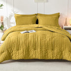 HYMOKEGE Mustard Yellow Full Size Comforter Sets Seersucker 7 Pieces, All Season Luxury Bed in a Bag for Bedroom, Bedding Set with Comforter, Sheets, Pillowcases & Shams