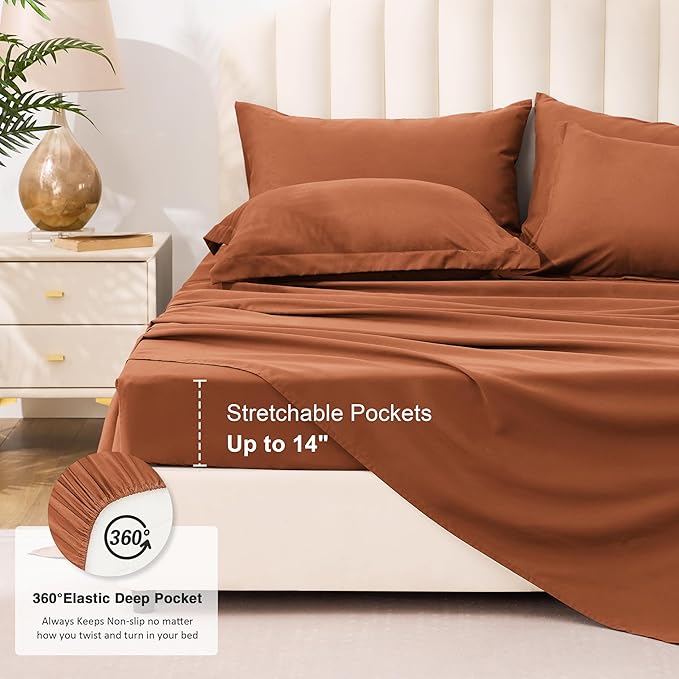 Love's cabin Queen Comforter Set Burnt Orange, 7 Pieces Queen Bed in a Bag, All Season Bedding Sets with 1 Comforter, 1 Flat Sheet, 1 Fitted Sheet, 2 Pillowcase and 2 Pillow Sham