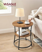 VASAGLE Side Table, 2-Tier Round End Table with Power Outlets, Nightstand with Steel Frame for Small Spaces, Living Room, Bedroom, Honey Brown and Ink Black ULET077K02