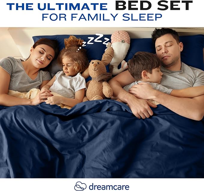 DREAMCARE California King Sheet Sets – 4 pcs Cooling Sheets – up to 21” Deep Cal King Sheets – Hotel Luxury Pillowcases – Superior Softness 100% Fine Microfiber with Side Pocket – Navy Blue
