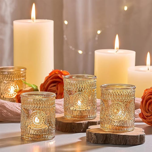 30 Pack Clear Glass Votive Candle Holders, Vintage Candle Holder Bulk, Tealight Candle Holders for Table Centerpieces, Home, Bridal Shower, Birthday, Christmas, Thanksgiving Party Table Decor (Gold)