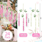 Giegxin 24 Pcs Artificial Wisteria Hanging Flowers 3.6 ft Artificial Fake Wisteria Vine Rattan Hanging Garland Silk Flowers String for Wall Home Wedding Party Greenery Decorations (Dark Pink,White)