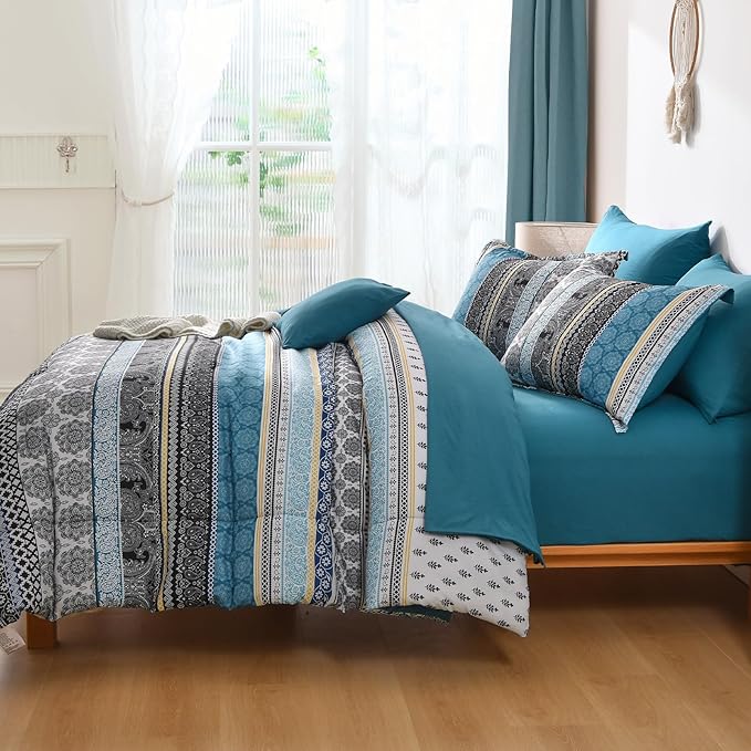 Cottolester Teal Comforter Set King Size,Boho Striped Bed in a Bag 8 Pieces,Paisley Soft Microfiber Bedding Comforter Set