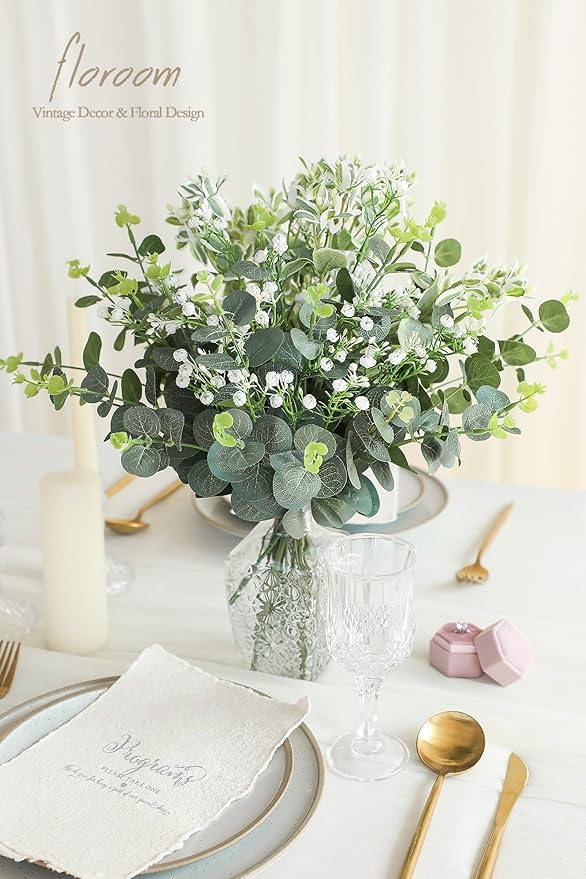 Floroom Artificial Greenery Stems Box Set, 25pcs with 4 Kinds of Faux Greenery Flowers Picks for DIY Bridal Bouquets Wedding Floral Arrangement Table Centerpieces, Tender Green & Sage Green
