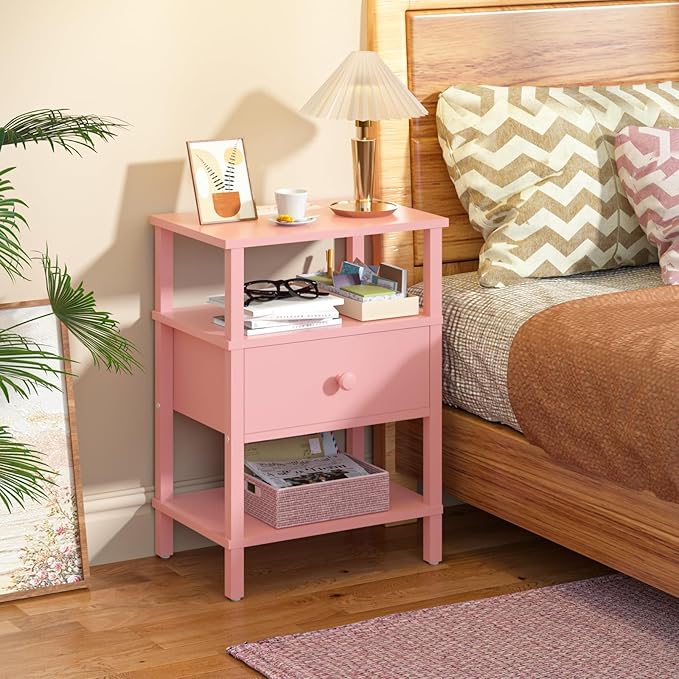 Lerliuo Nightstand Set of 2 with Charging Station and USB Ports, 3-Tier Storage Pink End Table with Drawer Shelf, Night Stand for Small Spaces, Wood Bedside Table for Living Room, Bedroom — Light Pink