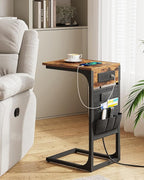 TUTOTAK C Shaped End Table with Charging Station, Side Table for Sofa, Couch with Storage Bag, Set of 2, TV Tray with 2 USB Ports and Outlets for Living Room, Bedroom, Brown TB01BB0242