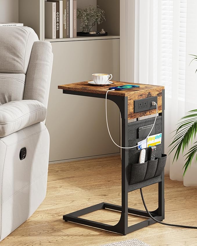 TUTOTAK C Shaped End Table with Charging Station, Side Table for Sofa, Couch Table with Storage Bag, TV Tray with 2 USB Ports and Outlets for Living Room, Bedroom, Brown TB01BB024