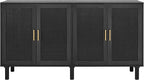 Finnhomy 4 Door Sideboard Buffet Cabinet, Kitchen Storage Buffet with Black Painted Rattan Decorated Doors, Cupboard Console Table, Boho Accent Liquor Cabinet, 62.3X 15.7X 34.6 Inches, Full Black