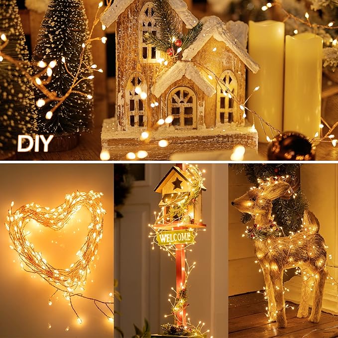 Fairy Lights Plug in, 10Ft 200LED Firecracker Firefly Lights, 8 Lighting Modes, Waterproof Copper Wire Cluster String Lights for Ceiling Bedroom Window Christmas Tree Decoration, Warm White