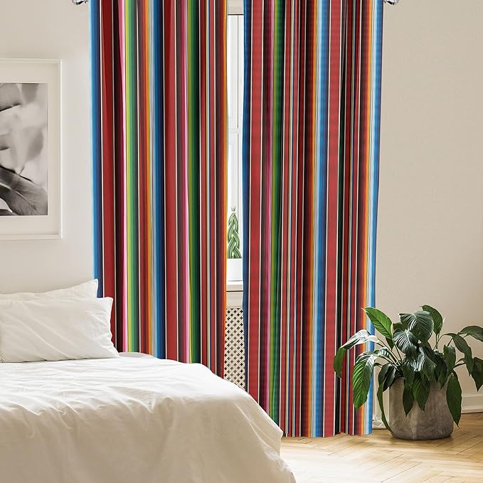 Ambesonne Cinco de Mayo Curtains, Mexican Serape Colorful Stripes Vertical Lines Latino Illustration, Window Treatments 2 Panel Set for Living Room Bedroom Decor, Pair of - 28" x 63", Burgundy Blue