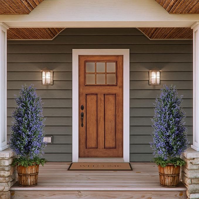 MGWILL 3FT Artificial Lavender Topiary Tree, Set of 2 Artificial Shrubs Fake Bushes with Spike, Faux Lavender Plants for Porch, Artificial Plants for Outdoor Planters Indoor UV Resistant