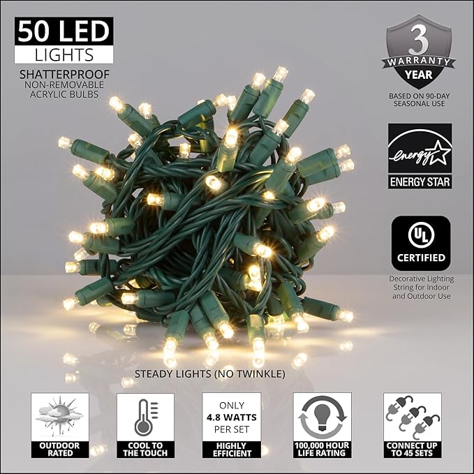 50 Warm White LED Christmas Lights, 25 ft Green Wire Indoor/Outdoor Wide Angle Mini String, Commercial Grade Tree, Party & Holiday Lighting, 6" Spacing, 5mm