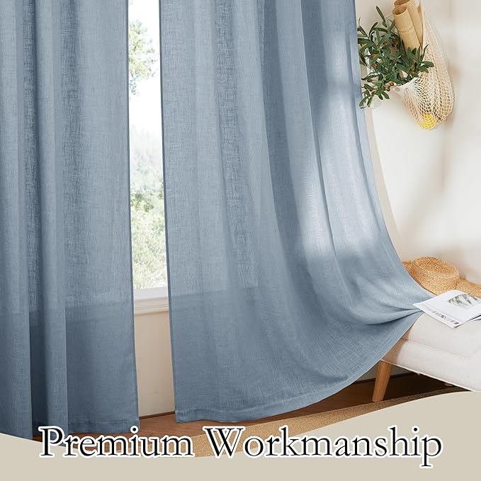 RYB HOME Linen Sheer Curtains 63 inch Length for Dining Room Doorway, Rod Pocket Soft Textured Thick Linen Burlap Privacy Protection Light Filtering 2 Panels Set, W 52 x L 63 inches, Dusty Blue