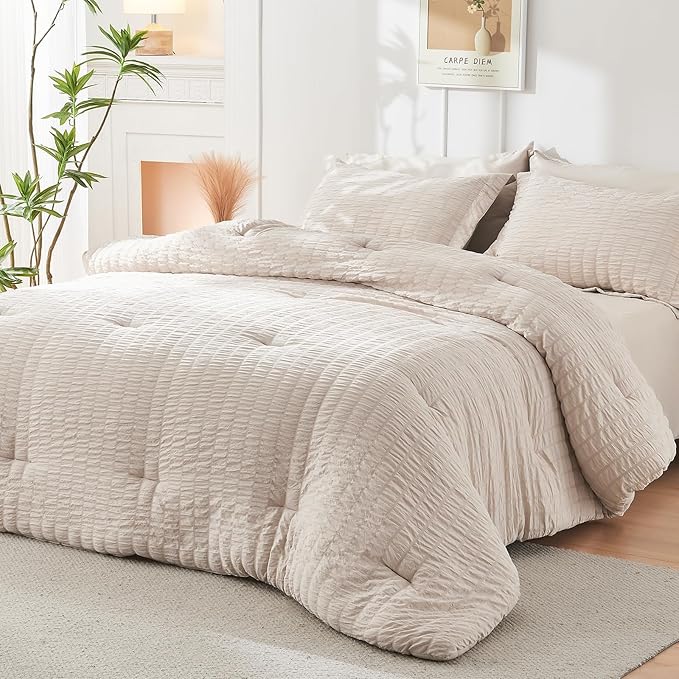 HYMOKEGE Beige King Size Comforter Set Seersucker 7 Pieces, All Season Luxury Bed in a Bag for Bedroom, Bedding Set with Comforters, Sheets, Pillowcases & Shams