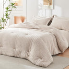 HYMOKEGE Beige King Size Comforter Set Seersucker 7 Pieces, All Season Luxury Bed in a Bag for Bedroom, Bedding Set with Comforters, Sheets, Pillowcases & Shams