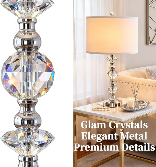 25.5" Crystal Table Lamps Set of 2 for Living Room, Modern Bedside Nightstand Lamps with USB A+C Charging Ports with White Shade, 3 Way Dimmable Nickel Bedroom Lamp for End Table