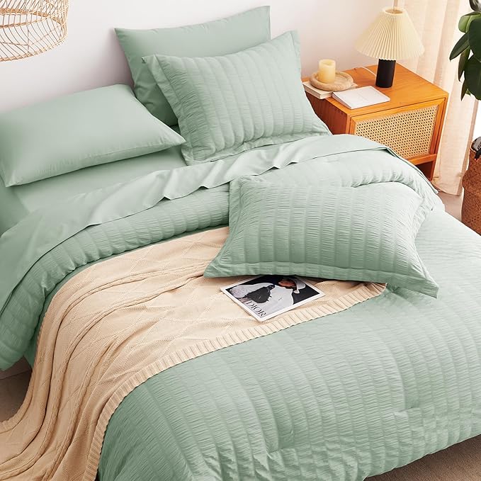 CozyLux Queen Comforter Set Sage Green Seersucker 7 Pieces Bed in a Bag Queen Comforter Set with Sheets Luxury Soft Bedding Set with Down Alternative Comforter, Sheets, Pillowcases & Shams All Season