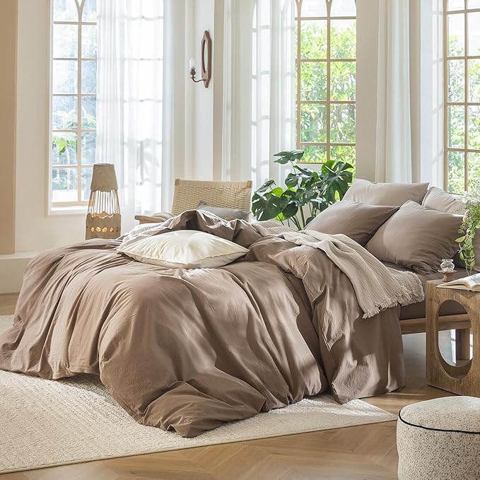MooMee Bedding Duvet Cover Set 100% Washed Cotton Linen Like Textured Breathable Durable Soft Comfy (Solid Brown, Full 80"x90")