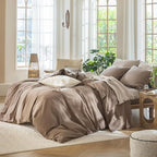 MooMee Bedding Duvet Cover Set 100% Washed Cotton Linen Like Textured Breathable Durable Soft Comfy (Solid Brown, Super King 108"x98")