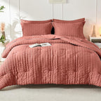 HYMOKEGE Coral Queen Comforter Set Seersucker 7 Pieces, All Season Luxury Bed in a Bag Queen for Bedroom, Bedding Set with Comforter, Sheets, Pillowcases & Shams
