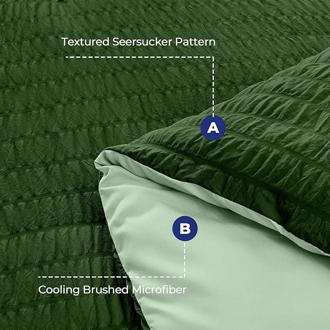 HYMOKEGE Dark Green/Sage Green King Size Comforter Set Seersucker 7 Pieces, All Season Luxury Bed in a Bag for Bedroom, Bedding Set with Comforter, Sheets, Pillowcases & Shams